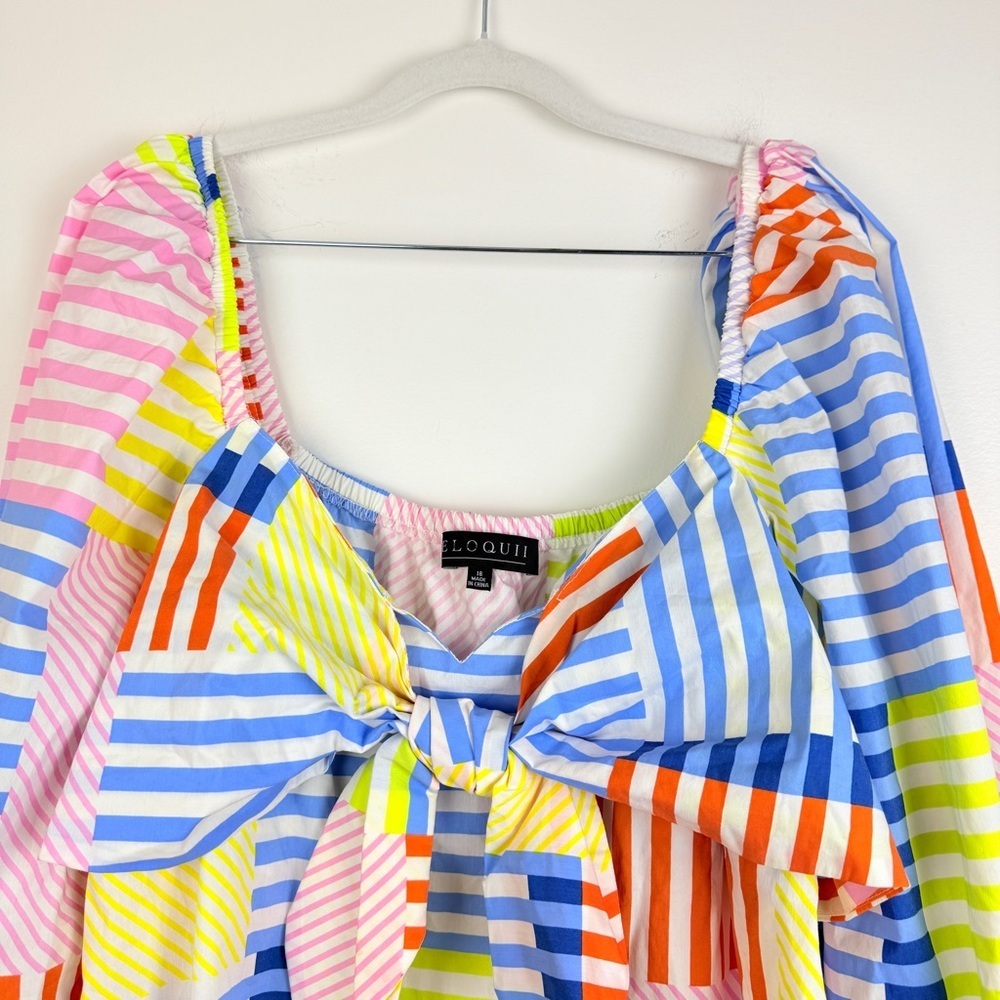 Eloquii Bold Striped Patchwork Bow Spring Maximalist Dress - Picture 5 of 8